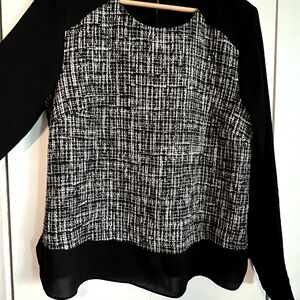 Ann Taylor Tweed Gorgette Blouse Top Black White Contrast Metallic Size L
